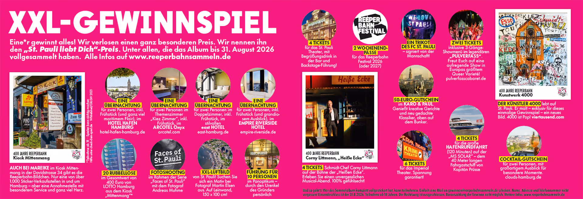 Bunte Grafik für XXL-Gewinnspiel mit St. Pauli Preisen, Hotelübernachtungen, Tickets, Gutscheinen und Kunst.